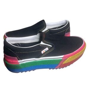VANS Classic Slip On Stacked Glitter Platform Sneakers Black Canvas Size 7 NEW